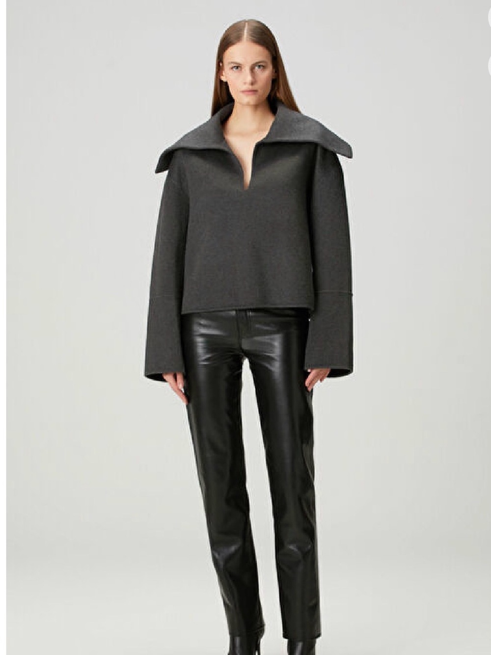 Nanushka Charcoal Oversized Wool Off-Shoulder Sculpted Collar Sweater